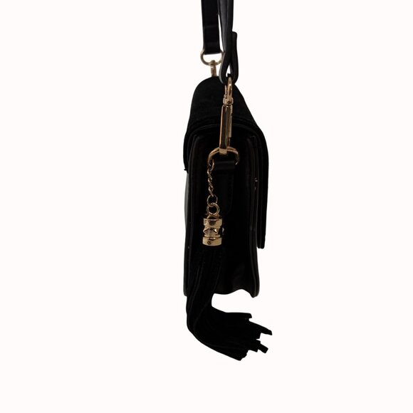 Moda Luxe Black Crossbody Bag Faux Suede Vegan Leather Tassel Accent Adjustable - Picture 9 of 16